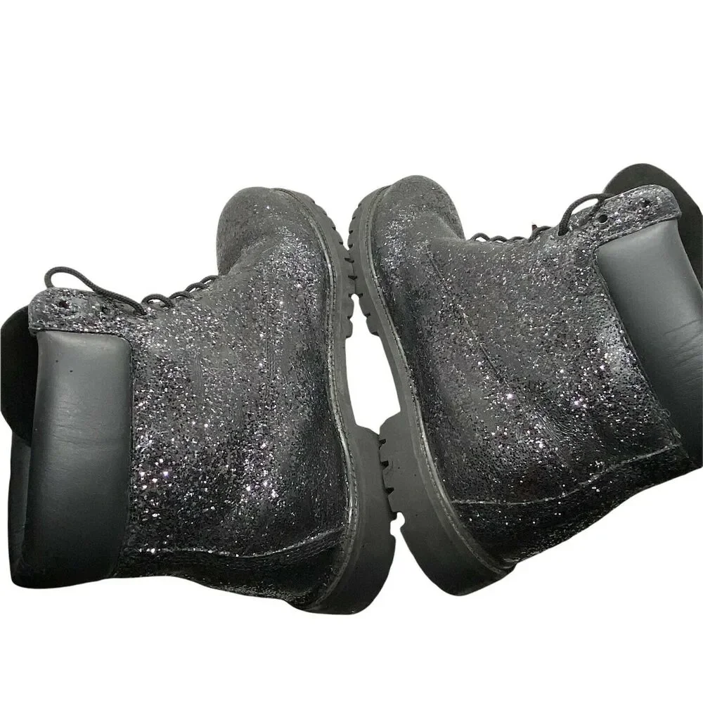 Timberland Men's Black Glitter Lace Up Ankle Block Heel Combat Boots size 15 W
